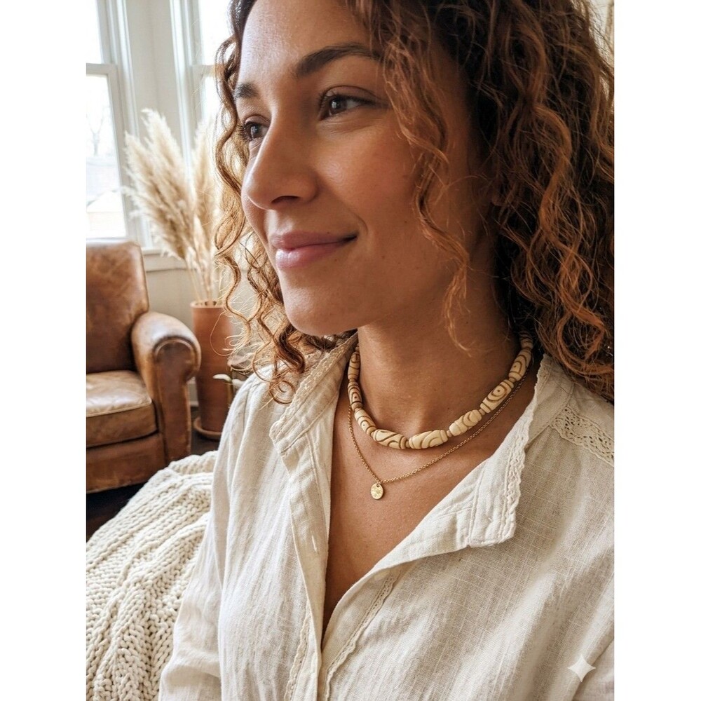 Vintage Carved Bone Barrel Bead Necklace Boho Tribal Cream Choker 17 Inch